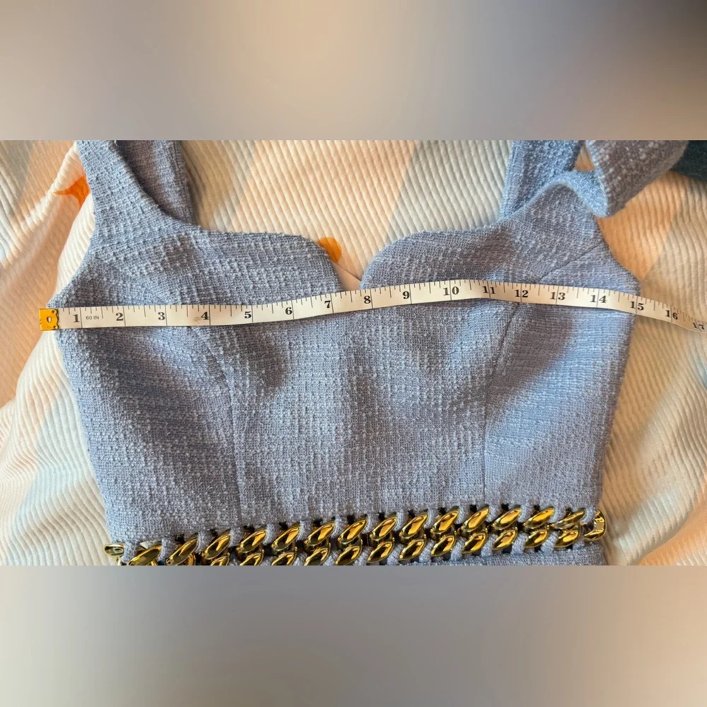 Rebecca Vallance Powder Blue Textured Sheath Dress with Gold Chain Waist NWT